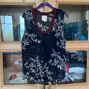 Floral Sheer Sleeveless Top Crepe de Chine Silk, Navy, maroon trim, white floral